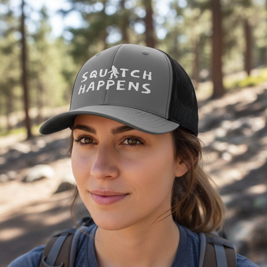 Hats - Squatch Happens Hat | Trucker Cap | Bigfoot, Funny from Crypto Zoo Tees