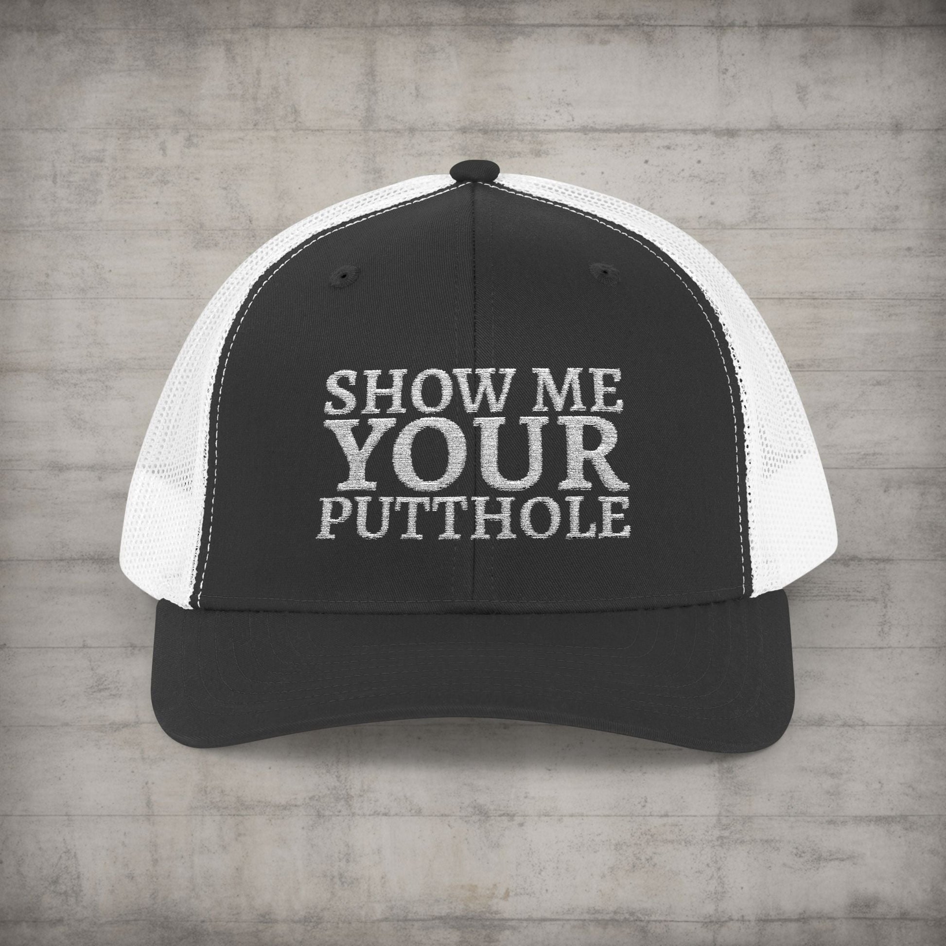 Hats - Trevor Wear - Show Me Your Putthole - Putt Pirates Disc Golf League Truck Cap from Crypto Zoo Tees