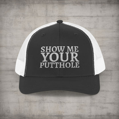 Hats - Trevor Wear - Show Me Your Putthole - Putt Pirates Disc Golf League Truck Cap from Crypto Zoo Tees
