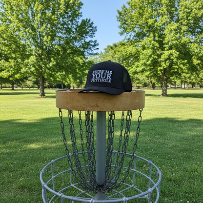 Hats - Trevor Wear - Show Me Your Putthole - Putt Pirates Disc Golf League Truck Cap from Crypto Zoo Tees