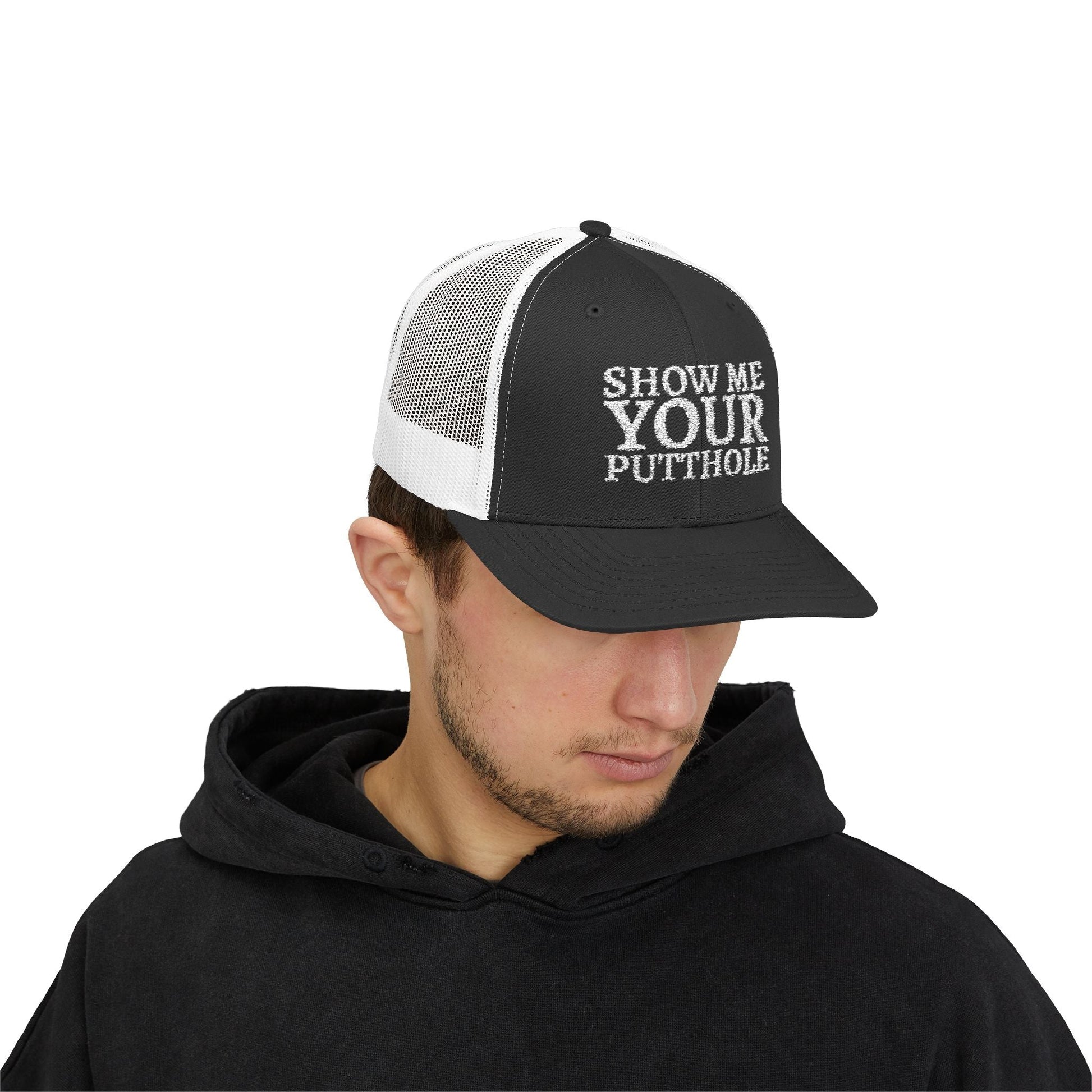 Hats - Trevor Wear - Show Me Your Putthole - Putt Pirates Disc Golf League Truck Cap from Crypto Zoo Tees