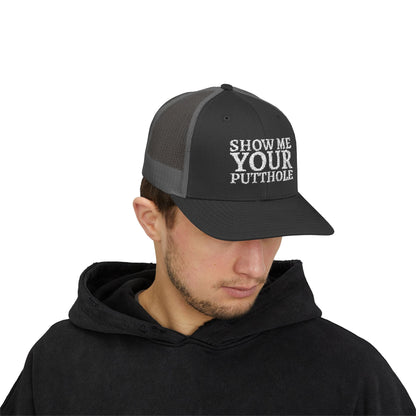 Hats - Trevor Wear - Show Me Your Putthole - Putt Pirates Disc Golf League Truck Cap from Crypto Zoo Tees