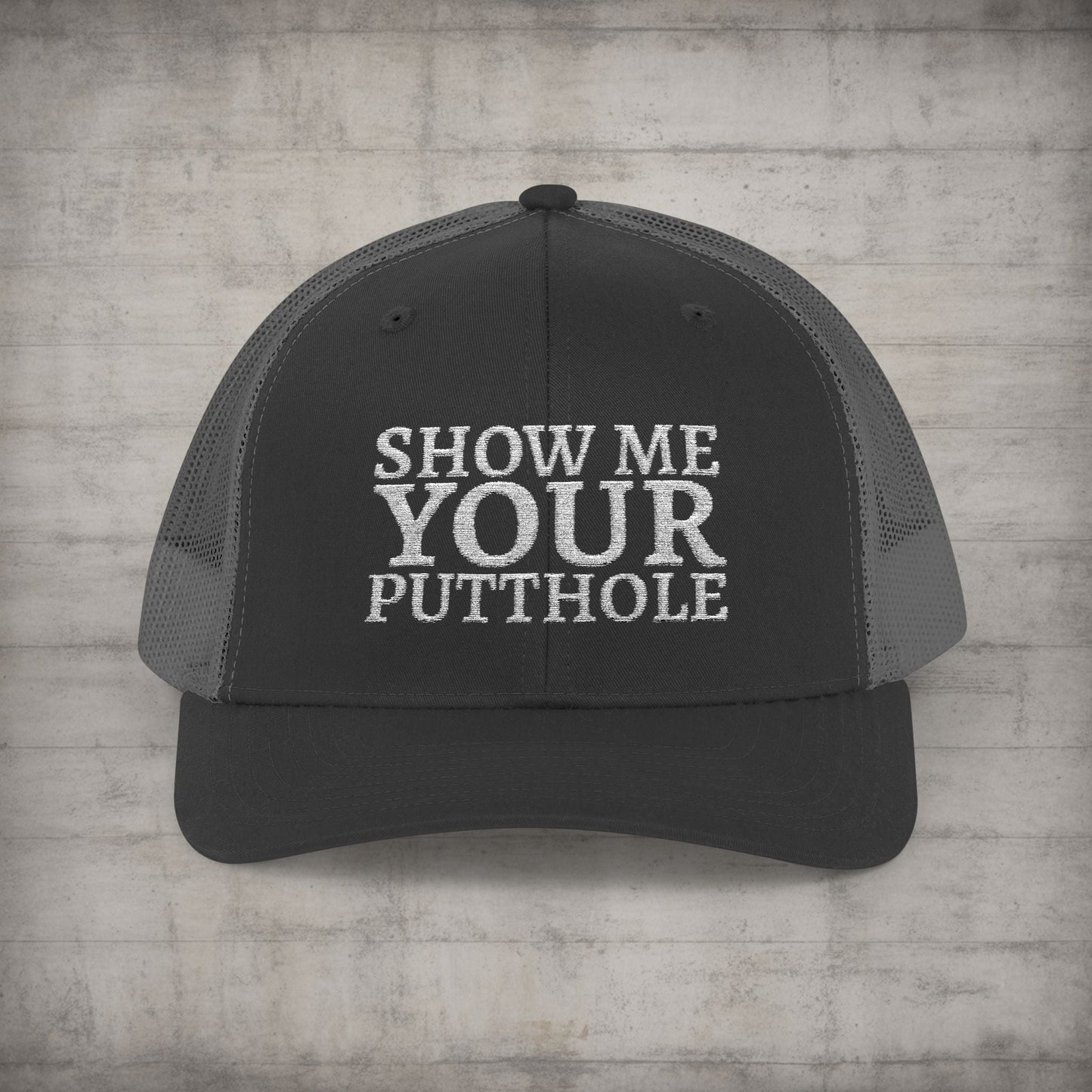 Hats - Trevor Wear - Show Me Your Putthole - Putt Pirates Disc Golf League Truck Cap from Crypto Zoo Tees