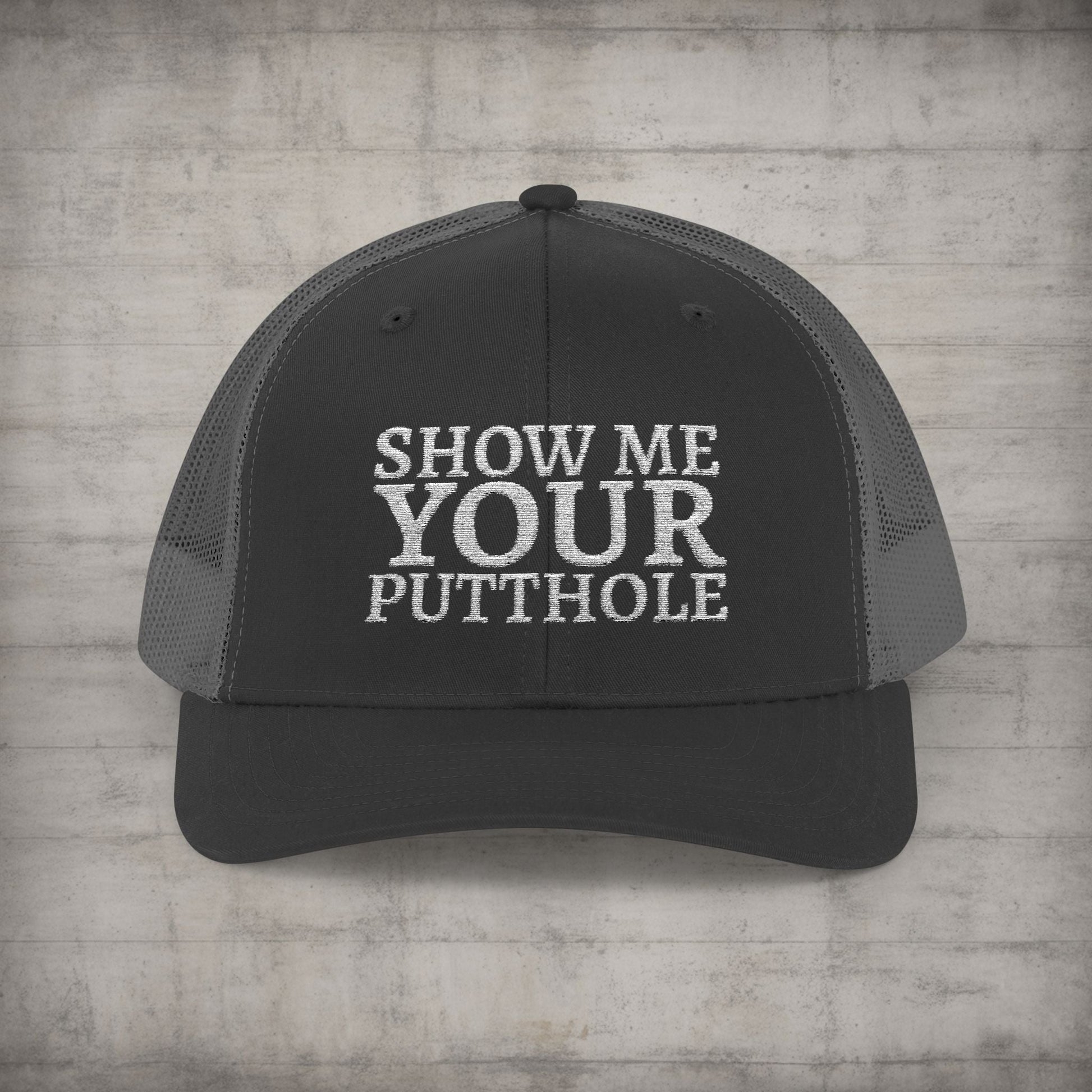 Hats - Trevor Wear - Show Me Your Putthole - Putt Pirates Disc Golf League Truck Cap from Crypto Zoo Tees