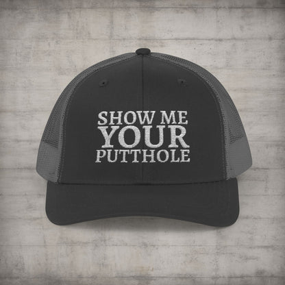 Hats - Trevor Wear - Show Me Your Putthole - Putt Pirates Disc Golf League Truck Cap from Crypto Zoo Tees