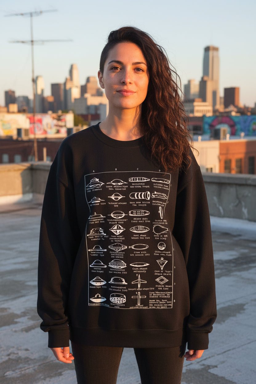Sweatshirt - Type Of UFOs | Unisex Crewneck Sweatshirt - Gildan 18000 | Alien & UFO from SHIRT MONSTERS