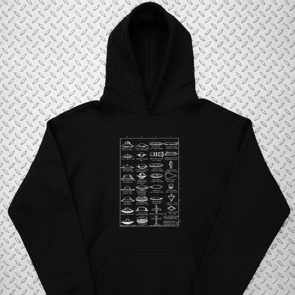 Hoodie - Types of UFOs Hoodie | Unisex Pullover Hoodie - Gildan | Alien & UFO | Retro & Vintage from SHIRT MONSTERS