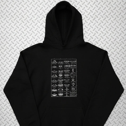 Hoodie - Types of UFOs Hoodie | Unisex Pullover Hoodie - Gildan | Alien & UFO | Retro & Vintage from SHIRT MONSTERS