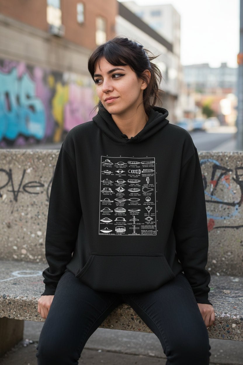 Hoodie - Types of UFOs Hoodie | Unisex Pullover Hoodie - Gildan | Alien & UFO | Retro & Vintage from SHIRT MONSTERS