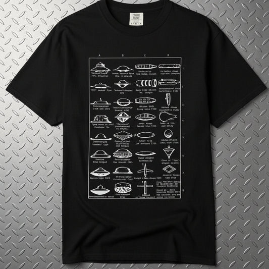 T-Shirt - Types of UFOs Shirt | Comfort Colors 1717 | Alien & UFO | Retro & Vintage from SHIRT MONSTERS (Formally Crypto Zoo Tees)