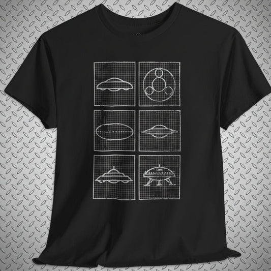 T-Shirt - UFO Grid Schematics Shirt | Unisex Heavy Cotton Gildan 5000 | Alien & UFO, Retro & Vintage | Psychedelic from SHIRT MONSTERS