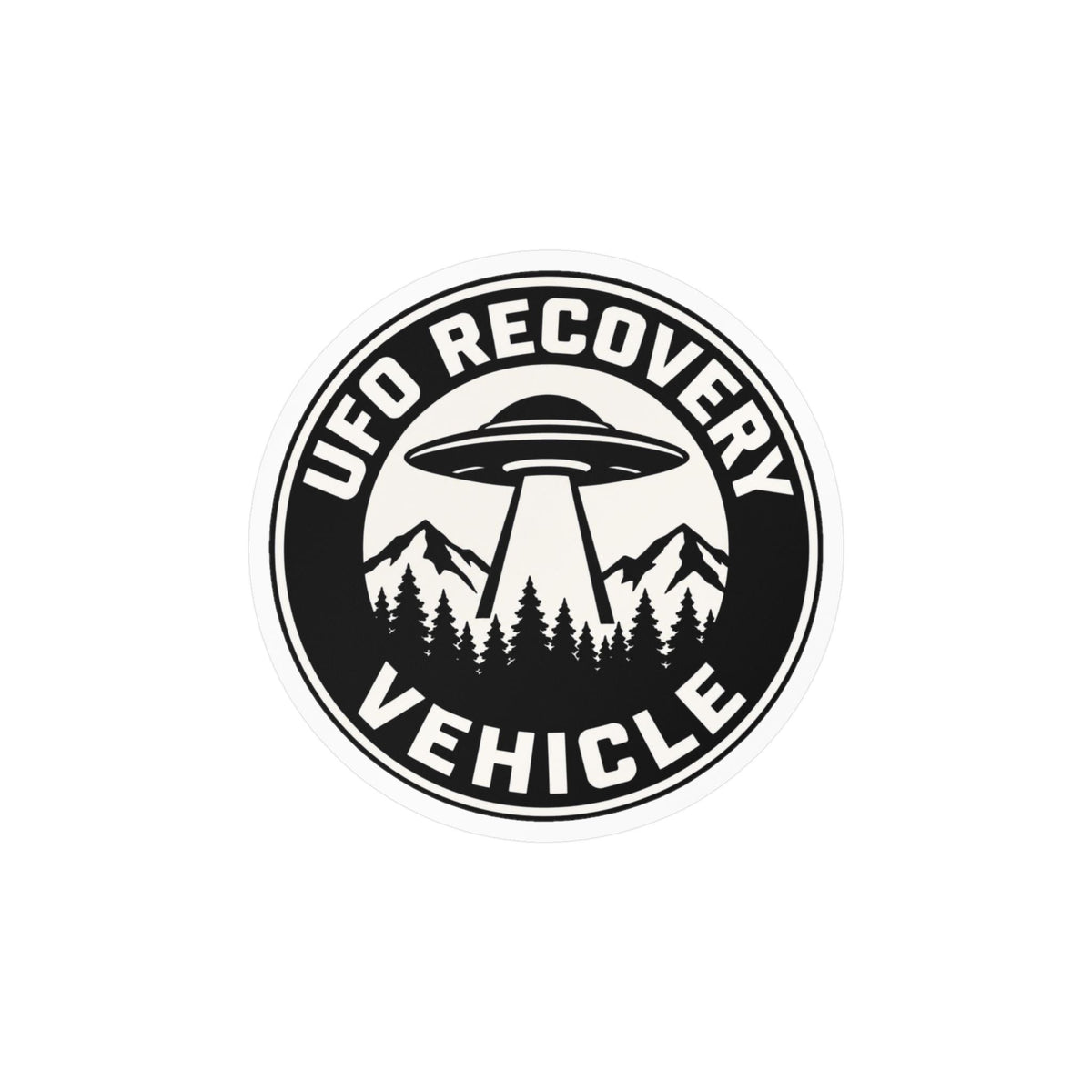 Paper products - UFO Recovery Vehicle Sticker | Funny Alien Emblem 3.75" Round from SHIRT MONSTERS