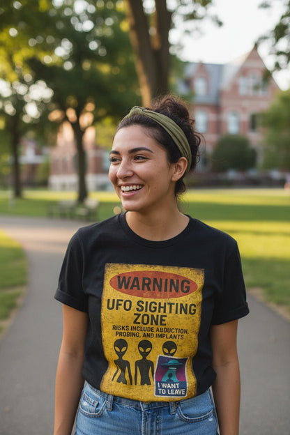 T-Shirt - UFO Sighting Zone Shirt | Light Fitted - Unisex Bella+Canvas 3001 | Alien & UFO, Funny | Retro & Vintage from SHIRT MONSTERS