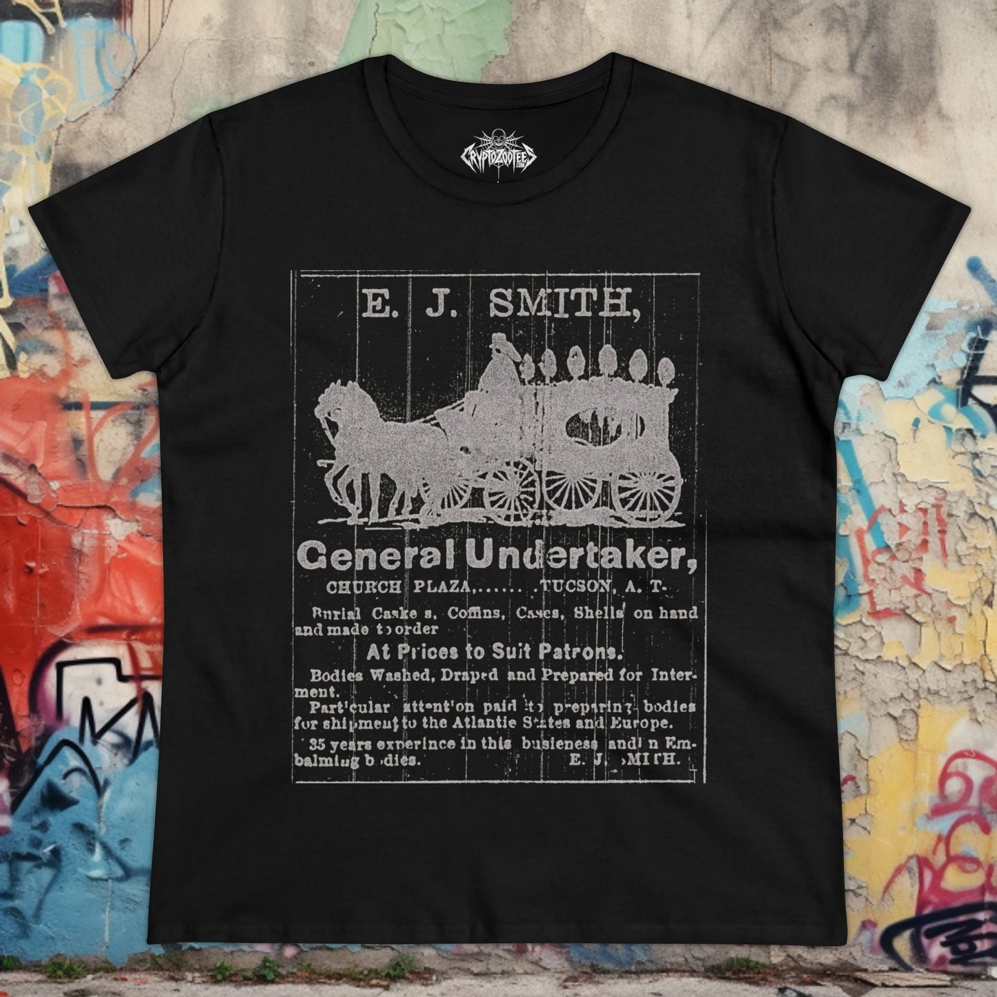T-Shirt - Undertaker Vintage Ad Ladies Tee | Ladies Tee | Dark Humor, Horror | Goth/Gothic from Crypto Zoo Tees
