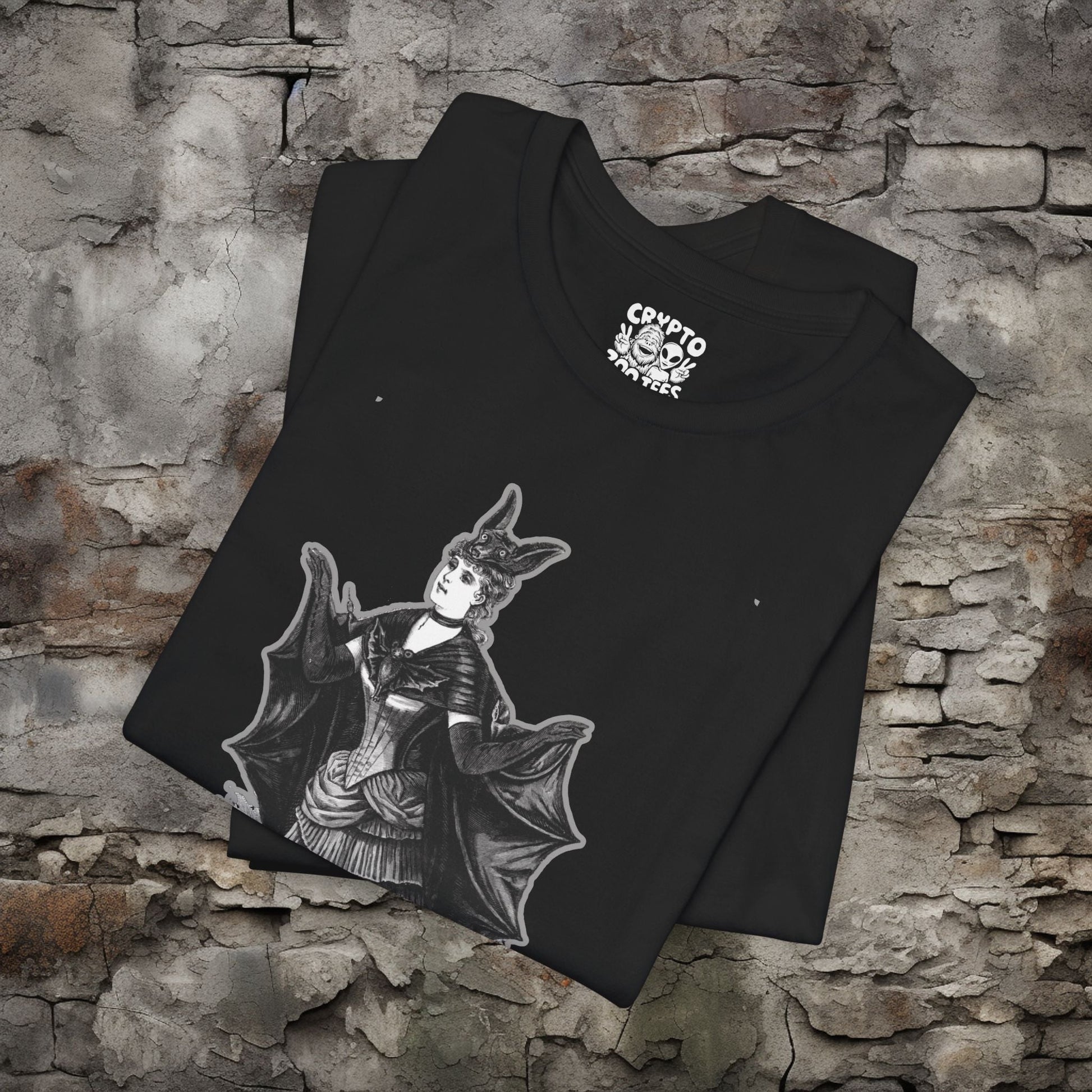 T-Shirt - Victorian Gothic Bat Girl - Dark Elegant Artwork, Gothic Home Decor, Spooky Art Print, Vintage Halloween Aesthetic, Bat Girl Poster from Crypto Zoo Tees