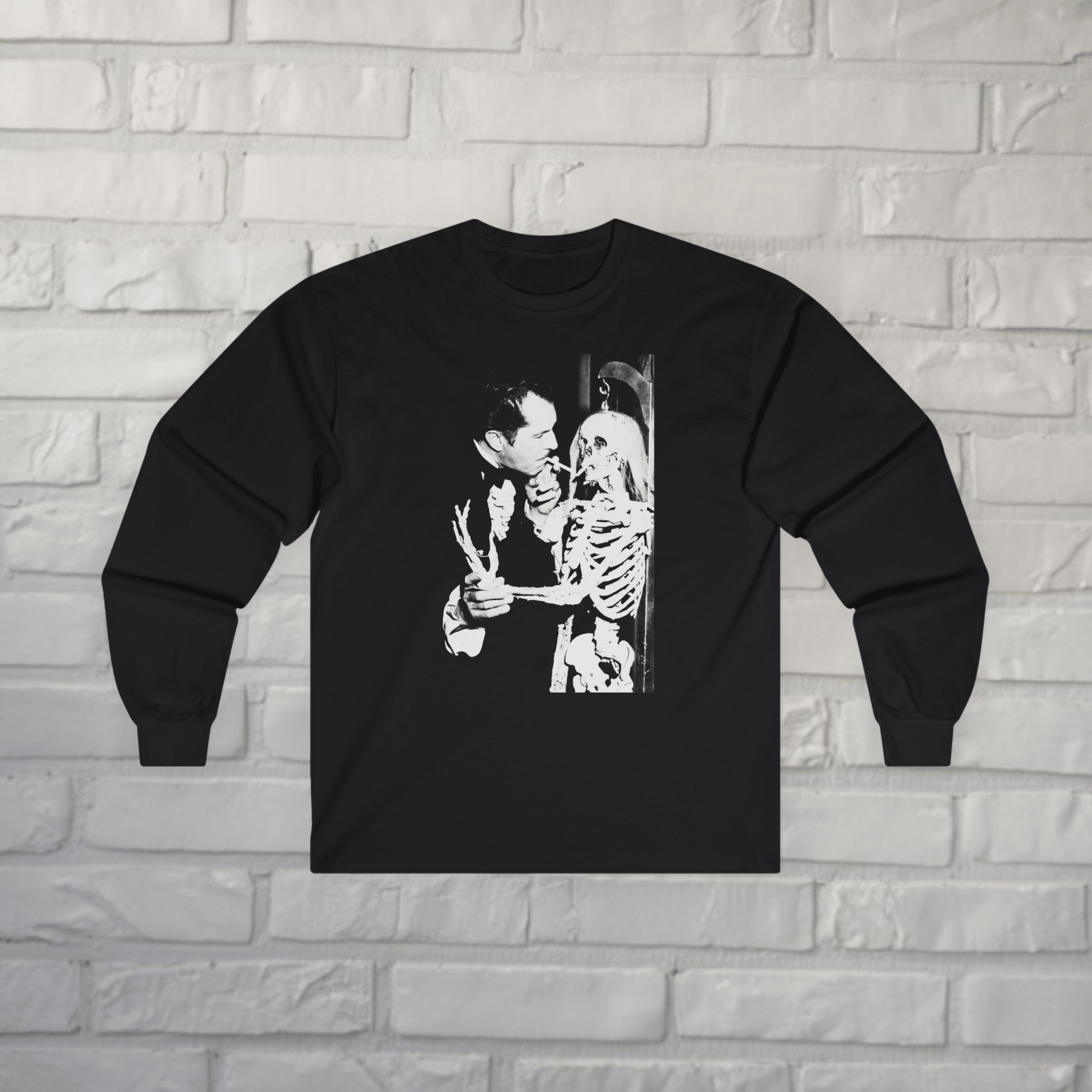T-Shirt - Vincent Price Skeleton Long Sleeve | Horror, Skulls & Skeletons | Unisex Long Sleeve Tee - Guldan 2400 from Crypto Zoo Tees