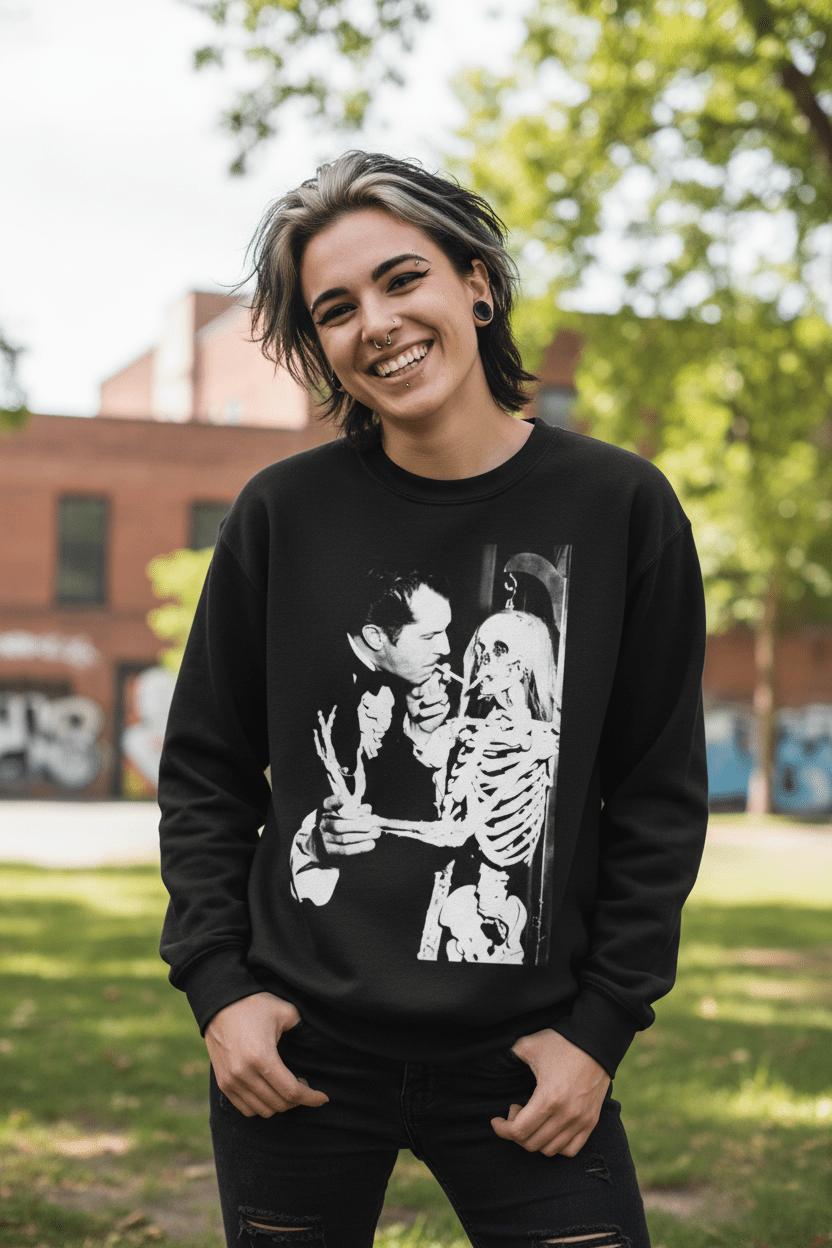 T-Shirt - Vincent Price Skeleton Sweatshirt | Horror, Skulls & Skeletons | Unisex Crewneck Sweatshirt - Gildan 18000 from Crypto Zoo Tees