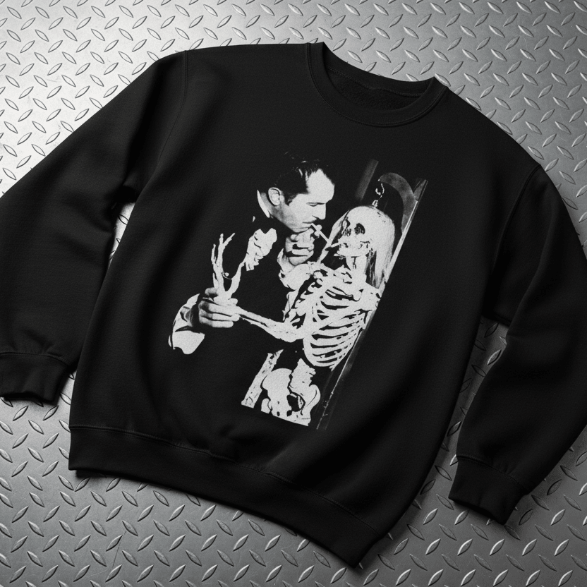 T-Shirt - Vincent Price Skeleton Sweatshirt | Horror, Skulls & Skeletons | Unisex Crewneck Sweatshirt - Gildan 18000 from Crypto Zoo Tees