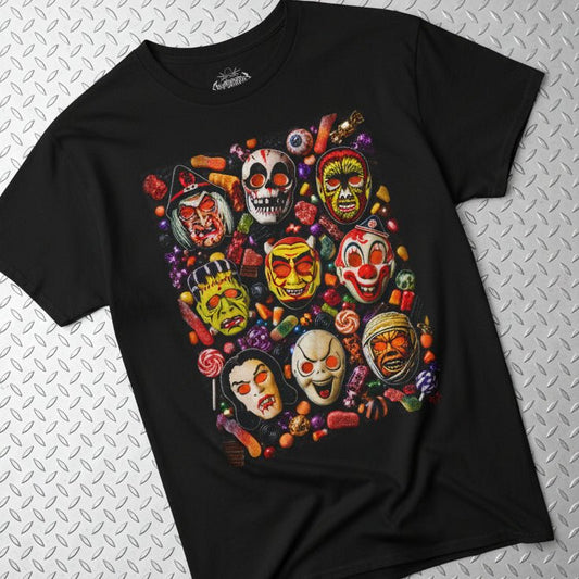 T-Shirt - Vintage Horror Masks Shirt | Unisex Heavy Cotton - Gildan 5000 | Horror, Halloween, Skulls & Skeletons | Goth/Gothic from SHIRT MONSTERS