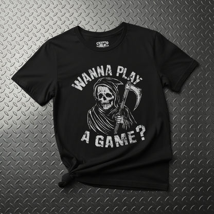 T-Shirt - Wanna Play A Game Grim Reaper Death Tee | Dark Humor Gothic Shirt | Bella + Canvas Unisex T-shirt from Crypto Zoo Tees