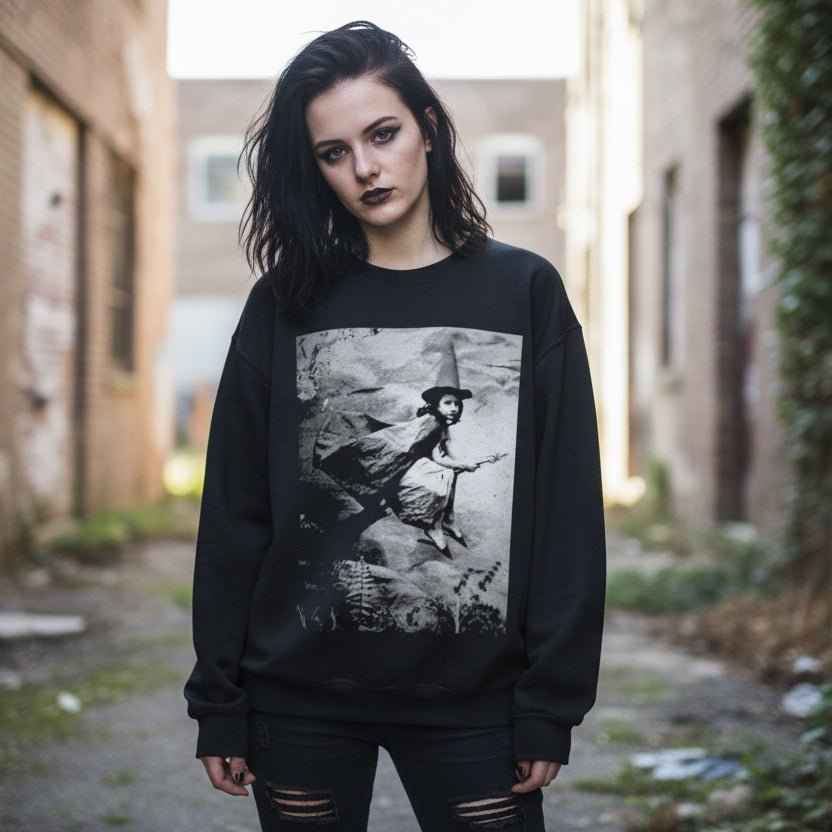 Sweatshirt - Witch on Broom Crewneck | Unisex Crewneck Sweatshirt - Gildan 18000 | Halloween | Retro & Vintage from Crypto Zoo Tees