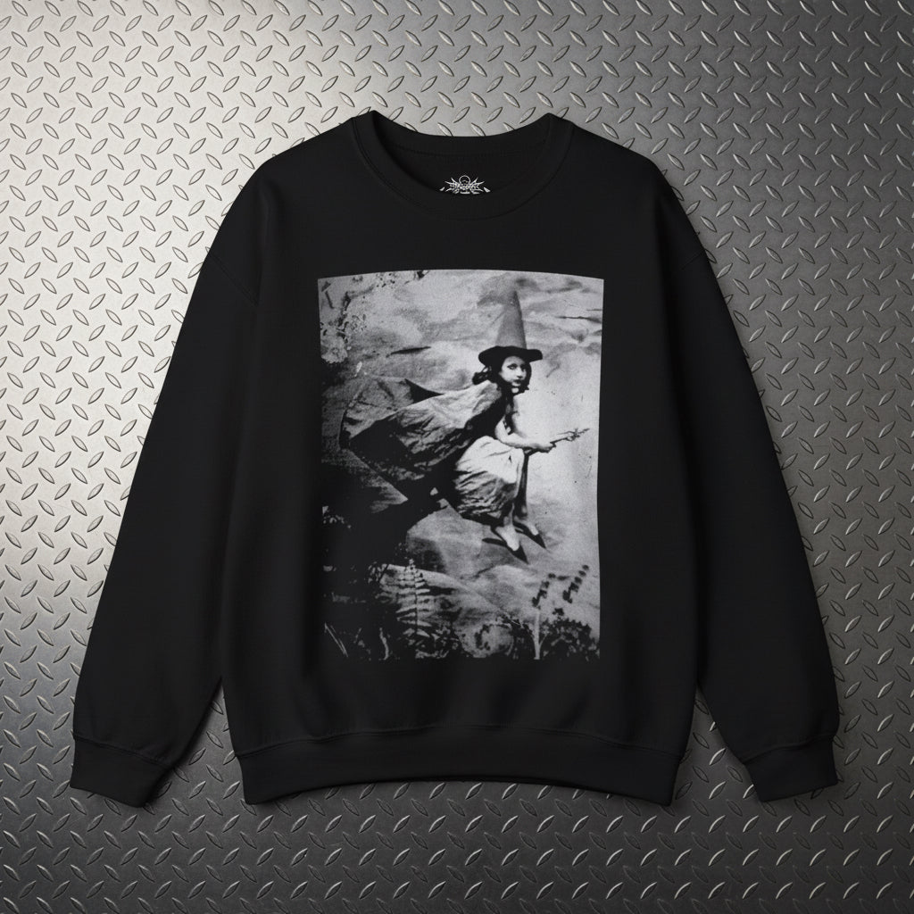 Sweatshirt - Witch on Broom Crewneck | Unisex Crewneck Sweatshirt - Gildan 18000 | Halloween | Retro & Vintage from Crypto Zoo Tees