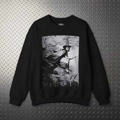 Sweatshirt - Witch on Broom Crewneck | Unisex Crewneck Sweatshirt - Gildan 18000 | Halloween | Retro & Vintage from Crypto Zoo Tees