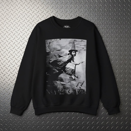 Sweatshirt - Witch on Broom Crewneck | Unisex Crewneck Sweatshirt - Gildan 18000 | Halloween | Retro & Vintage from Crypto Zoo Tees